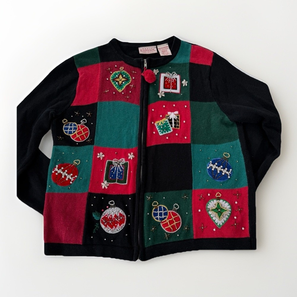 Vintage Basic Editions Women's Christmas Sweater Medium Black Embroidered Beaded